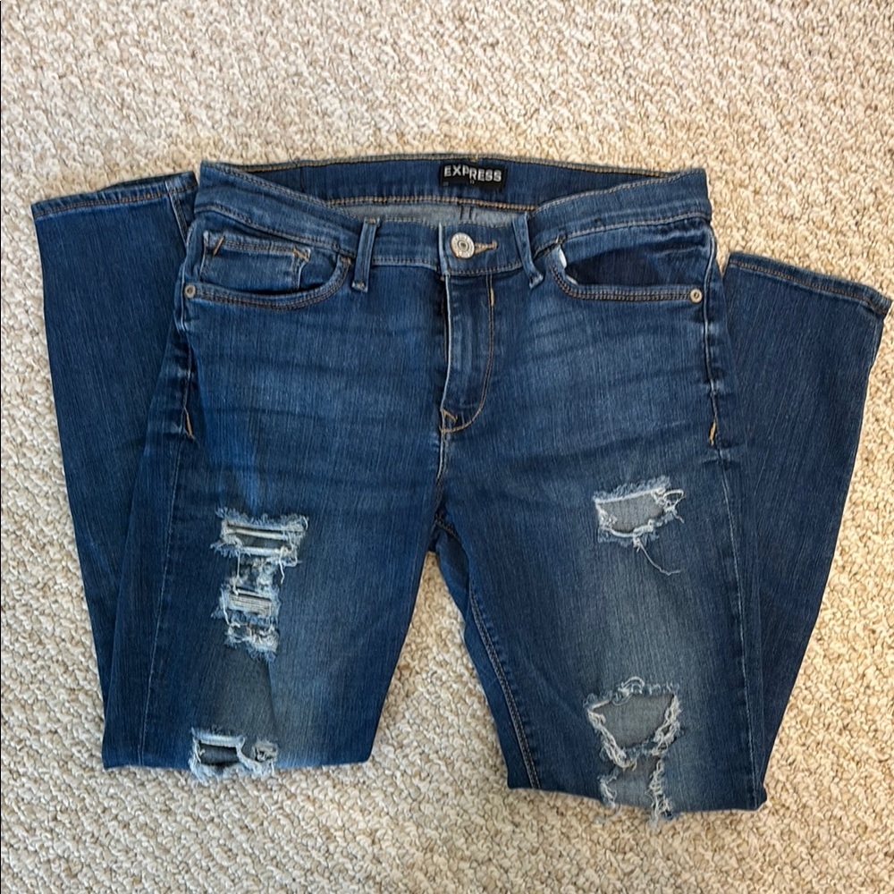 Express Women's Blue Distressed Mid Rise Legging Jeans